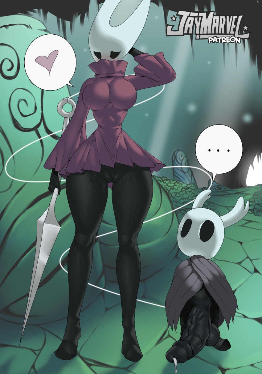 &lt;3 ... absurd_res anthro arthropod balls big_balls big_breasts big_penis black_body blush bodily_fluids bottomless breasts cloak clothed clothing duo english_text female genital_fluids genitals half-erect hand_behind_head hi_res hollow_knight hornet_(hollow_knight) huge_penis insect jay-marvel larger_female looking_away looking_up male needle_(disambiguation) nipple_outline non-mammal_breasts penis precum protagonist_(hollow_knight) pussy pussy_juice size_difference small_but_hung smaller_male speech_bubble string team_cherry text vessel_(species) video_games