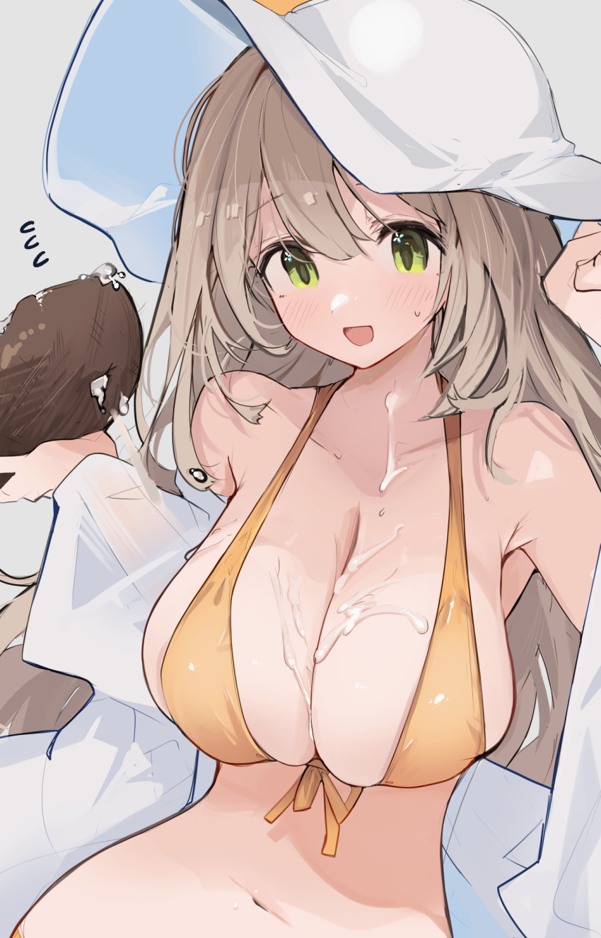 1girl bikini blue_archive blush breasts brown_hair coconut collarbone grey_background hair_between_eyes hat highres holding large_breasts long_hair looking_at_viewer mikozin navel nonomi_(blue_archive) open_mouth simple_background smile solo suggestive_fluid swimsuit white_headwear yellow_bikini