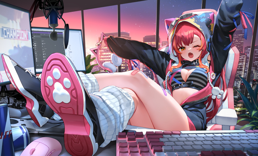 1girl absurdres animal_ear_headphones animal_hood apex_legends arm_up bandaid bandaid_on_knee bandaid_on_leg bangs belt black_bra black_footwear black_jacket blush bra breasts building chair cleavage collar crossed_legs discord fang feet_on_table highres hood hood_up hooded_jacket indoors izumi_sai jacket leg_warmers long_sleeves looking_at_viewer medium_breasts microphone monitor mouse_(computer) nekota_tsuna one_eye_closed open_clothes open_jacket open_mouth outstretched_arms pop_filter reclining red_bull red_hair second-party_source shoes skin_fang skyscraper sneakers solo soundboard underwear virtual_youtuber vspo! window yellow_eyes