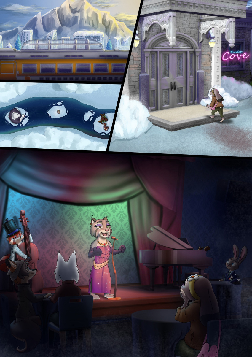 ailurid anthro bowed_string_instrument building capreoline cervid curtains disney door double_bass female hi_res ice judy_hopps lagomorph leporid light male mammal moose mountain musical_instrument polar_bear rabbit red_panda snow stage string_instrument the_gory_saint train ursid ursine vehicle water zootopia