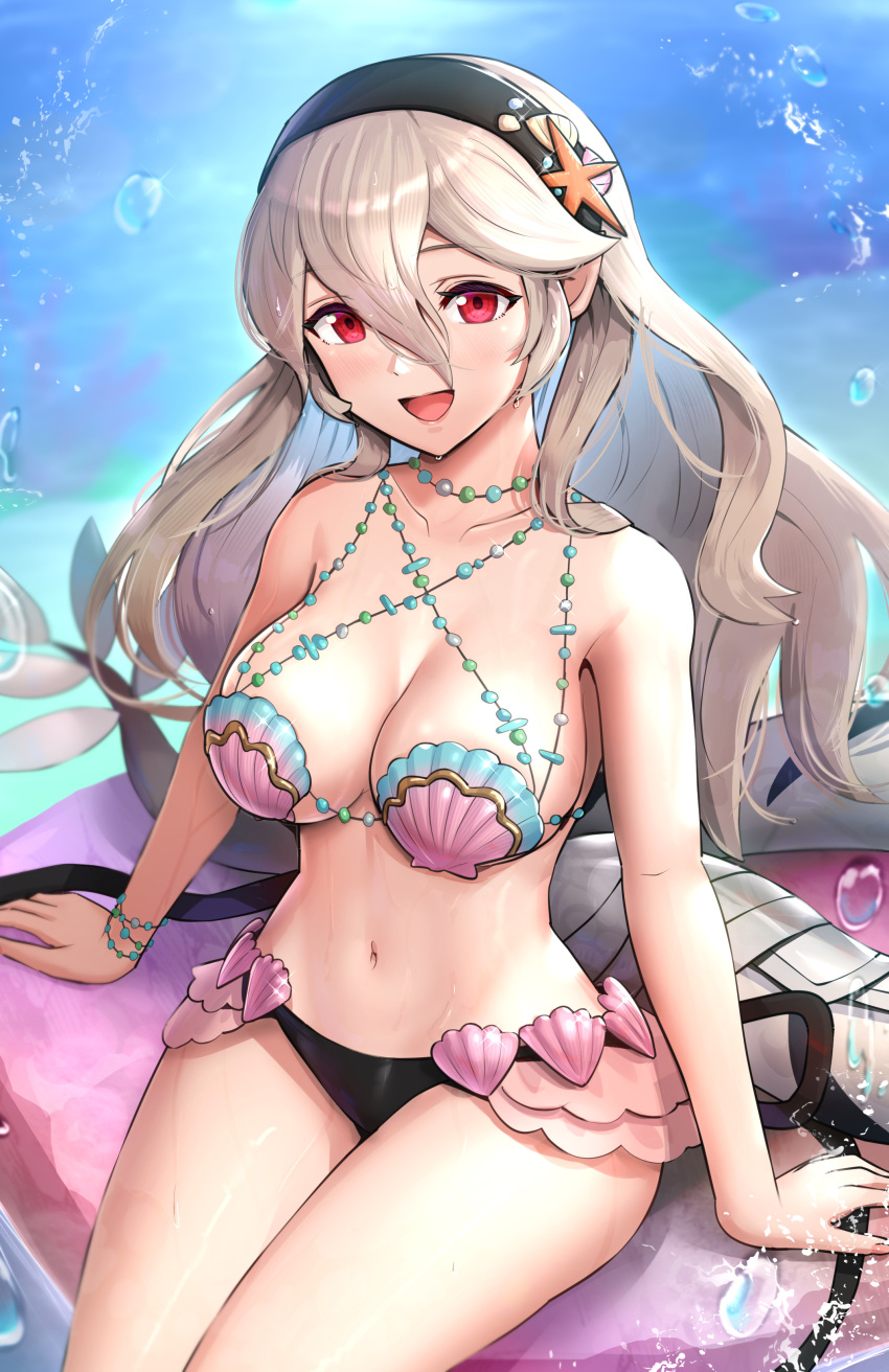 1girl :d absurdres arm_support bangs bare_arms bare_shoulders black_hairband blush breasts cleavage corrin_(fire_emblem) corrin_(fire_emblem)_(female) cowboy_shot fire_emblem fire_emblem_fates fire_emblem_heroes gonzarez grey_hair hair_between_eyes hairband highres large_breasts long_hair looking_at_viewer navel open_mouth red_eyes shell shell_bikini sitting smile solo stomach thighs very_long_hair