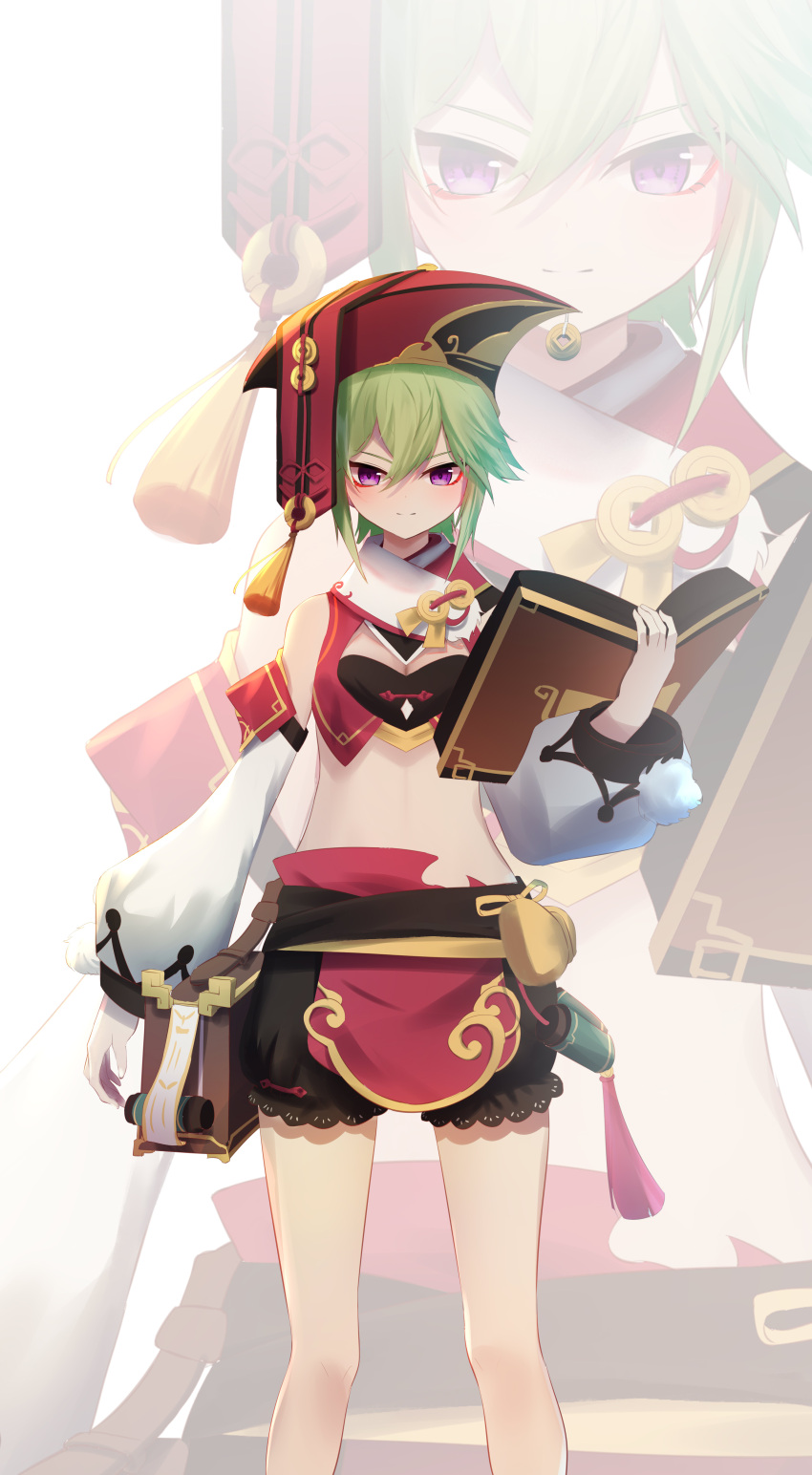 1girl absurdres bangs bare_shoulders black_bloomers bloomers book breasts chinese_commentary cleavage commentary_request cosplay crop_top detached_sleeves feet_out_of_frame genshin_impact green_hair hair_between_eyes highres holding holding_book kuki_shinobu long_sleeves looking_at_viewer midriff no_navel pom_pom_(clothes) purple_eyes qixia red_headwear short_hair simple_background smile solo standing stomach underwear white_background yanfei_(genshin_impact) yanfei_(genshin_impact)_(cosplay) zoom_layer