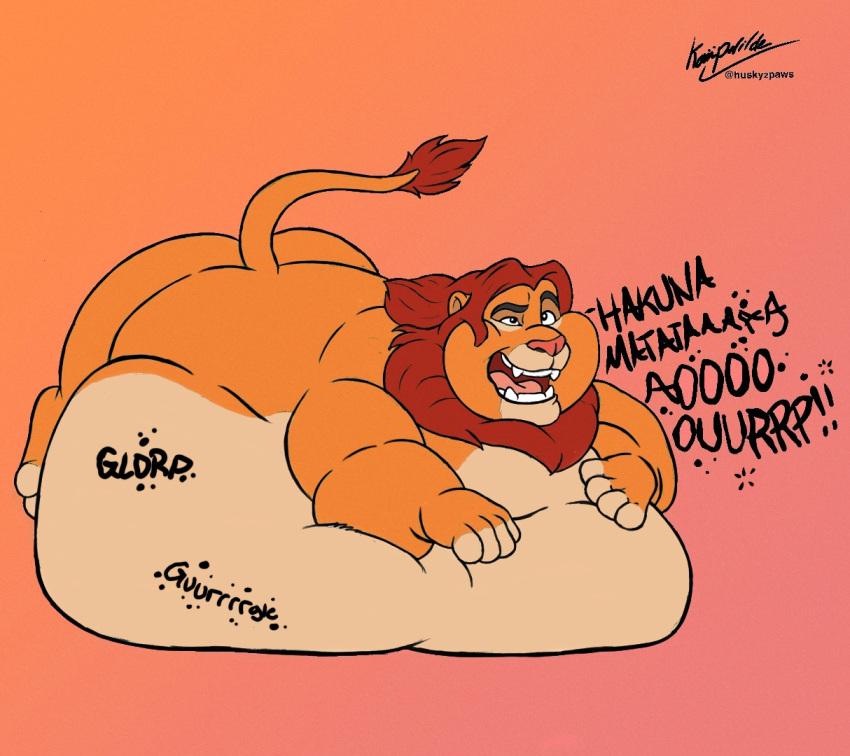 2022 beak belly big_belly burping dialogue digestion digestion_noises disney fangs felid feral fur kaiipwilde_(artist) lion lying male mammal mane nude obese obese_feral obese_male on_front open_beak open_mouth overweight overweight_feral overweight_male pantherine raised_tail simba solo sound_effects teeth text the_lion_king tongue