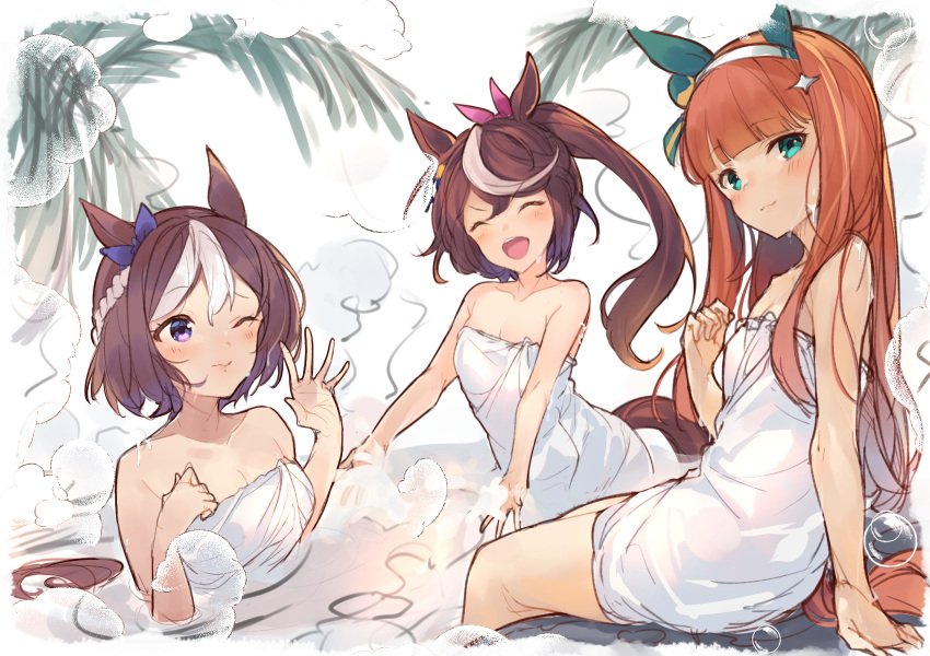 3girls ^_^ animal_ears bare_shoulders blush brown_hair bubble closed_eyes closed_mouth green_eyes hairband highres horse_ears horse_girl horse_tail long_hair looking_at_viewer mayusaki_yuu multicolored_hair multiple_girls naked_towel one_eye_closed onsen orange_hair palm_tree ponytail purple_eyes short_hair silence_suzuka_(umamusume) sitting special_week_(umamusume) splashing steam streaked_hair tail tokai_teio_(umamusume) towel tree two-tone_hair umamusume