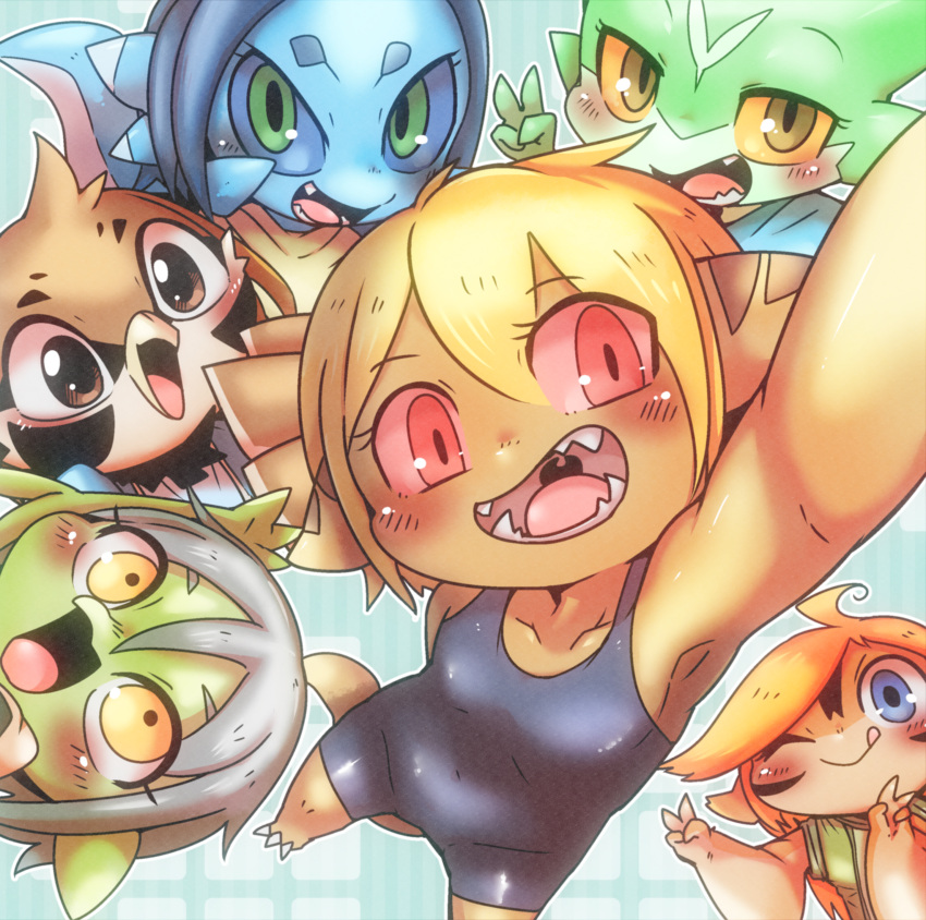absurd_res anthro avian blonde_hair blue_body blush brown_body clothing comic cover cover_art cover_page doneru female gesture green_body grey_hair group hair hi_res lisbelle_(doneru) looking_at_viewer mammal mizett_(doneru) orange_hair perserika_(doneru) quaise_(doneru) raised_arm reines_(doneru) rodent scalie selfie simple_background smile swimwear tany_(doneru) v_sign wings young
