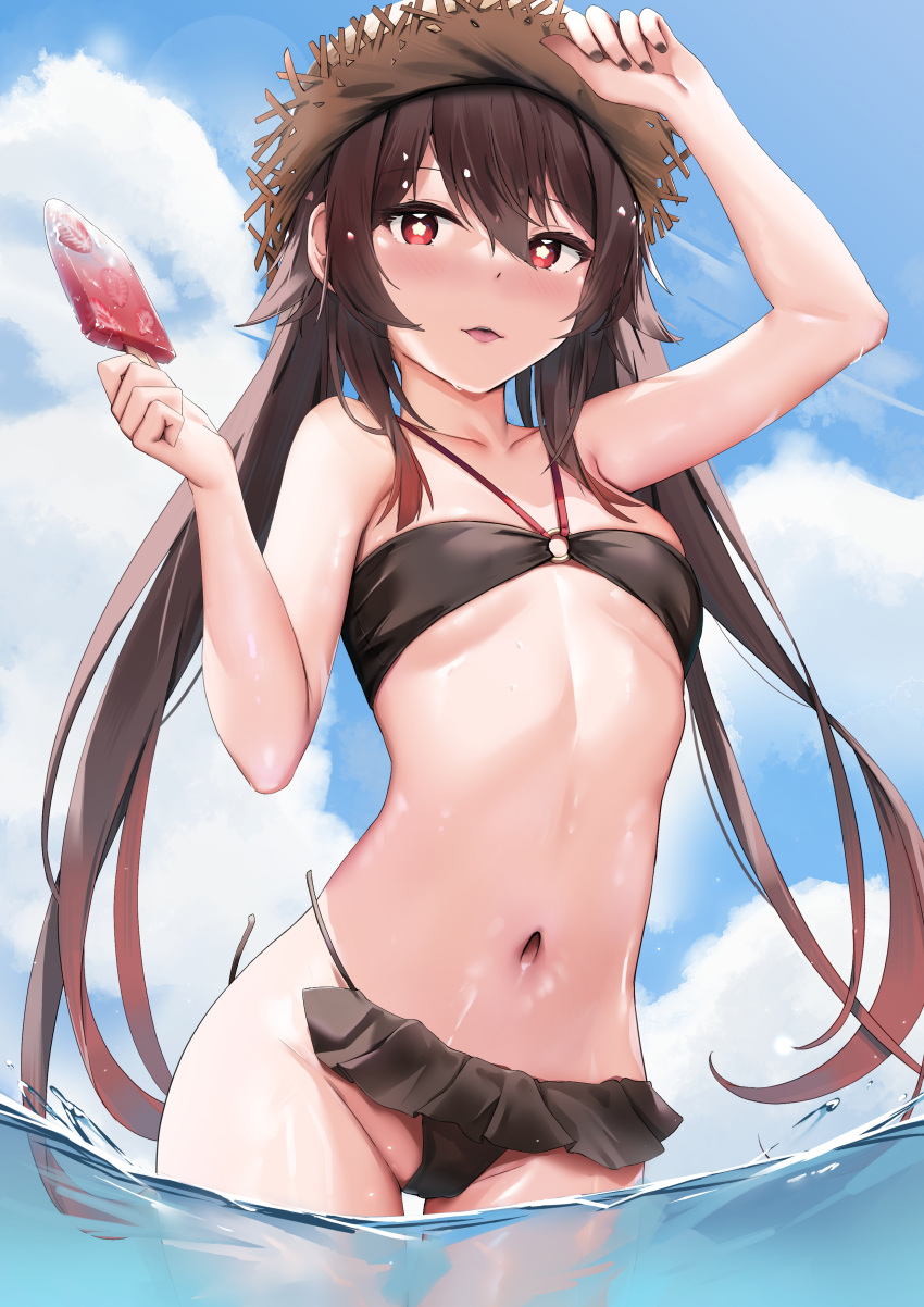 1girl absurdres arm_up bangs bikini black_bikini black_nails blue_sky blush breasts brown_hair cloud collarbone colored_tips cowboy_shot day food fruit genshin_impact gradient_hair hair_between_eyes hand_on_headwear hand_up hat highres holding holding_food hu_tao_(genshin_impact) long_hair looking_at_viewer multicolored_hair navel outdoors parted_lips popsicle popsicle_stick red_eyes red_hair sidelocks skai_kun sky small_breasts solo stomach straw_hat strawberry swimsuit symbol-shaped_pupils twintails very_long_hair wading wardrobe_malfunction water wet