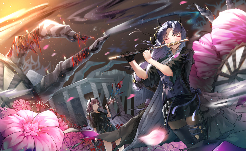 2girls absurdres architecture arknights black_footwear black_gloves black_jacket black_legwear black_skirt boots chewi closed_eyes collared_shirt commentary_request dutch_angle finger_cots flower flute gloves hibiscus_(arknights) hibiscus_the_purifier_(arknights) highres holding holding_instrument instrument jacket lapel_flower lava_(arknights) lava_the_purgatory_(arknights) long_hair multiple_girls music official_alternate_costume outdoors pantyhose pink_flower playing_instrument pointy_ears purple_eyes purple_hair purple_shirt shirt siblings single_glove sisters skirt sleeves_past_elbows thigh_boots