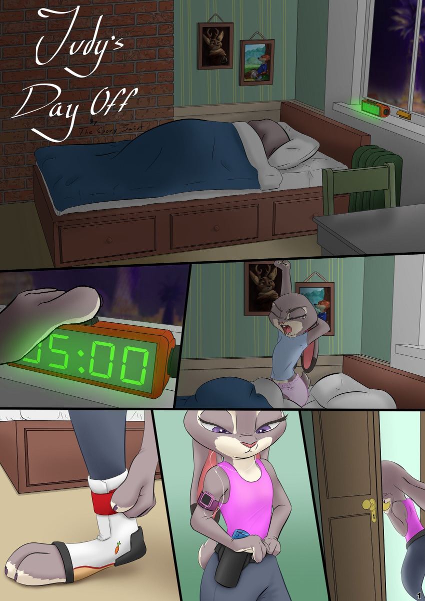 alarm_clock anthro bed biped brick_wall canid canine chair clock clothing disney door doorknob drawer female fox furniture hi_res judy_hopps lagomorph leporid male mammal nick_wilde open_mouth picture_frame picture_in_picture pillow portable_music_player rabbit radiator red_fox solo solo_focus stretching_arms table the_gory_saint the_gory_saint(oc) wall_(structure) window yawn zootopia