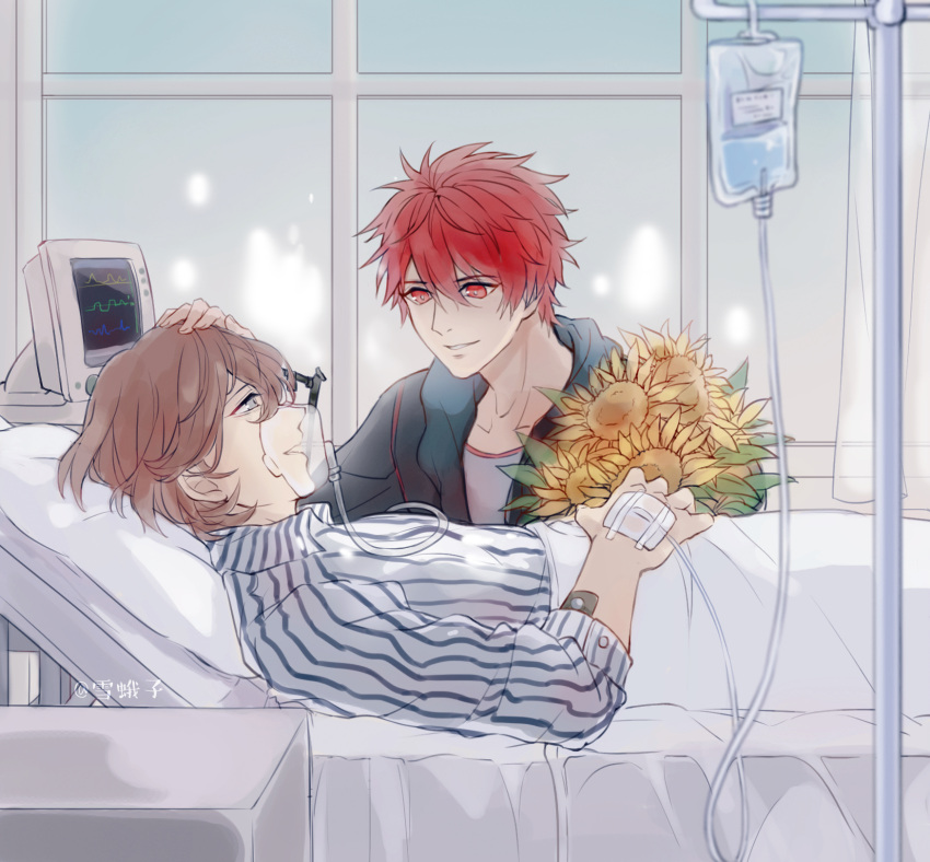 2boys :d bags_under_eyes bed black_jacket blanket brown_hair collared_shirt eye_contact flower grey_eyes grey_shirt hair_between_eyes hand_on_another's_head hand_on_own_stomach highres hospital hospital_bed intravenous_drip ittoki_otoya iv_stand jacket kotobuki_reiji looking_at_another lower_teeth lying male_focus monitor multiple_boys on_back on_bed oxygen_mask parted_lips privacy_screen red_eyes red_hair shirt short_hair smile striped striped_shirt sunflower table teeth upper_body uta_no_prince-sama white_shirt xue_ezi