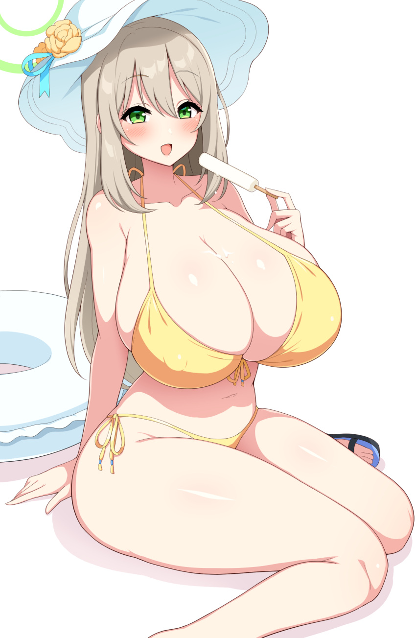 1girl aikome_(haikome) bare_arms bare_legs bare_shoulders bikini blue_archive breasts cleavage food green_eyes halter_top halterneck hat highres holding holding_food huge_breasts innertube light_brown_hair long_hair looking_at_viewer navel nonomi_(blue_archive) nonomi_(swimsuit)_(blue_archive) popsicle side-tie_bikini simple_background smile solo stomach string_bikini swimsuit thighs white_background white_headwear yellow_bikini