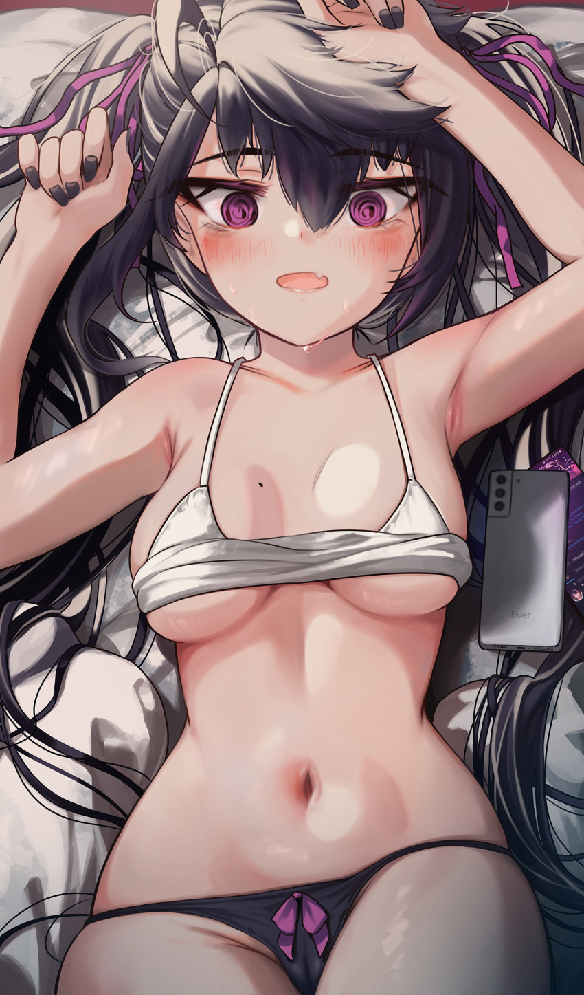 1girl @_@ absurdres ahoge armpits arms_up bangs bare_arms black_hair black_nails black_panties blush bow bow_panties bra breasts breasts_apart cameltoe cellphone fang hair_between_eyes hair_ribbon highres long_hair looking_at_viewer lying medium_breasts mole mole_on_breast nail_polish navel on_back on_bed open_mouth original panties phone priite_hari_(torriet) purple_eyes purple_ribbon ribbon smartphone solo stomach torriet twintails underwear very_long_hair white_bra