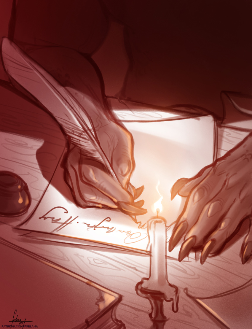 ambiguous_gender ambiguous_species book candle candlelight close-up desk furlana furniture hi_res light loose_feather quill solo table thane_caerulea/the_tower_(teryte_chronicles) writing_utensil
