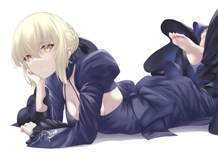 1girl absurdres artoria_pendragon_(fate) bangs barefoot black_dress black_ribbon blonde_hair braid breasts cleavage dress fate/grand_order fate/stay_night fate_(series) feet french_braid hair_bun hair_ribbon highres juliet_sleeves long_hair long_sleeves looking_at_viewer lying medium_breasts okuma707 on_stomach puffy_sleeves ribbon saber_alter sidelocks solo yellow_eyes