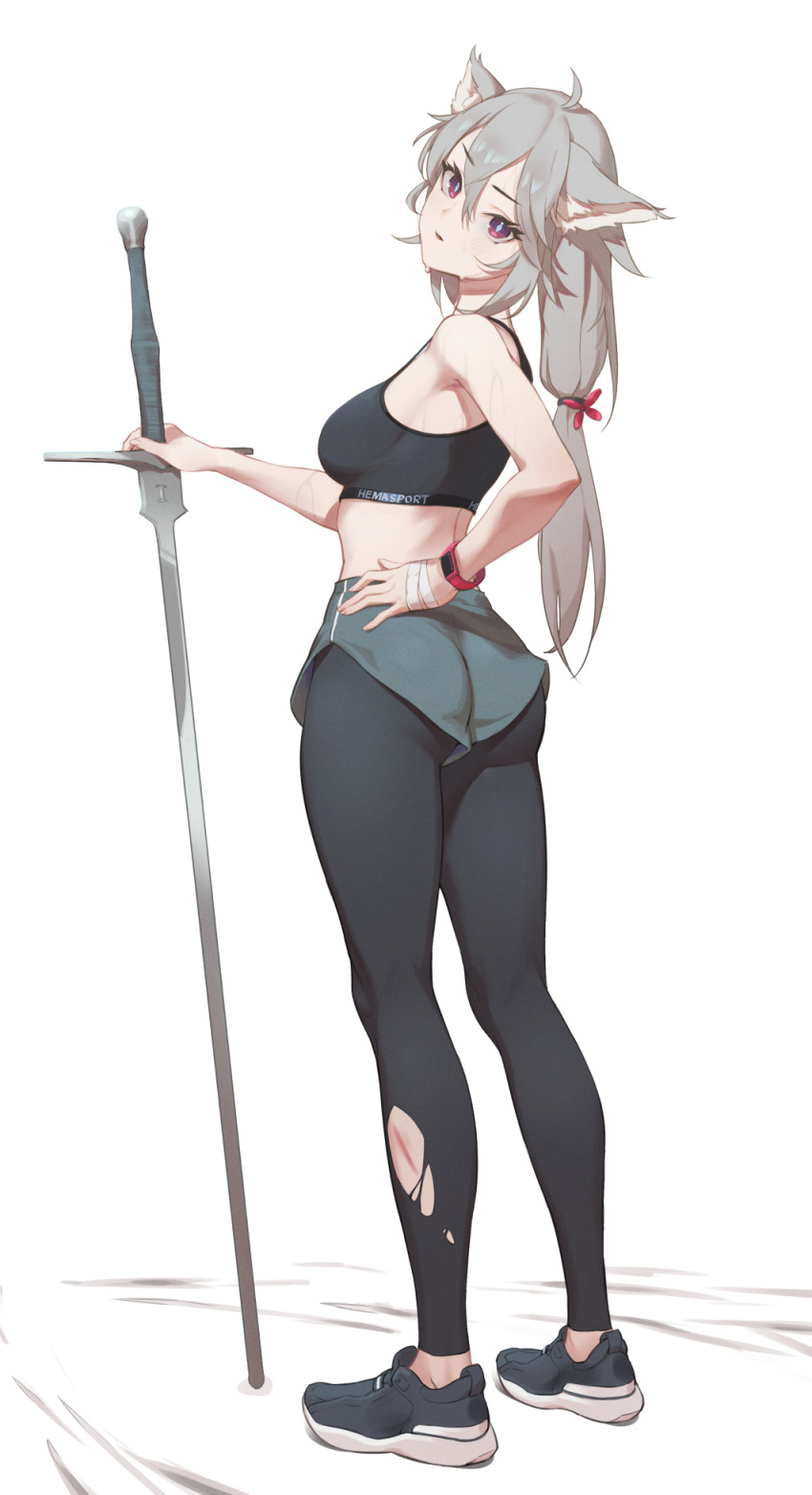 1girl animal_ear_fluff animal_ears ass bandaged_hand bandages bare_shoulders black_footwear black_legwear breasts from_behind grey_hair grey_shorts guihuo_inferno hand_on_hip highres holding holding_sword holding_weapon injury large_breasts leggings long_hair looking_at_viewer looking_back original parted_lips purple_eyes shoes short_shorts shorts simple_background sneakers solo sports_bra standing sword torn_clothes torn_legwear watch weapon white_background wristwatch