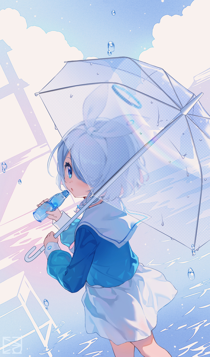 1girl absurdres arona_(blue_archive) bangs blue_archive blue_eyes blue_shirt blue_sky blush bottle cloud hair_over_one_eye hairband halo hand_up highres holding holding_bottle holding_umbrella light_blue_hair long_sleeves looking_back majiang parted_lips ramune sailor_collar shirt short_hair skirt sky solo symbol-only_commentary transparent transparent_umbrella umbrella walking water water_drop white_sailor_collar white_skirt