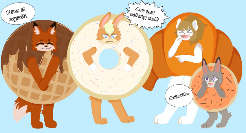 absurd_res anthro bread canid canine clothing cookie cookie_costume costume croissant croissant_costume dessert disney donut_costume doughnut female food food_costume fox group hi_res judy_hopps kigtoons lagomorph leporid lola_bunny looney_tunes maid_marian mammal martha_mink mink mustelid musteline rabbit robin_hood_(disney) true_musteline waffle waffle_costume warner_brothers zootopia