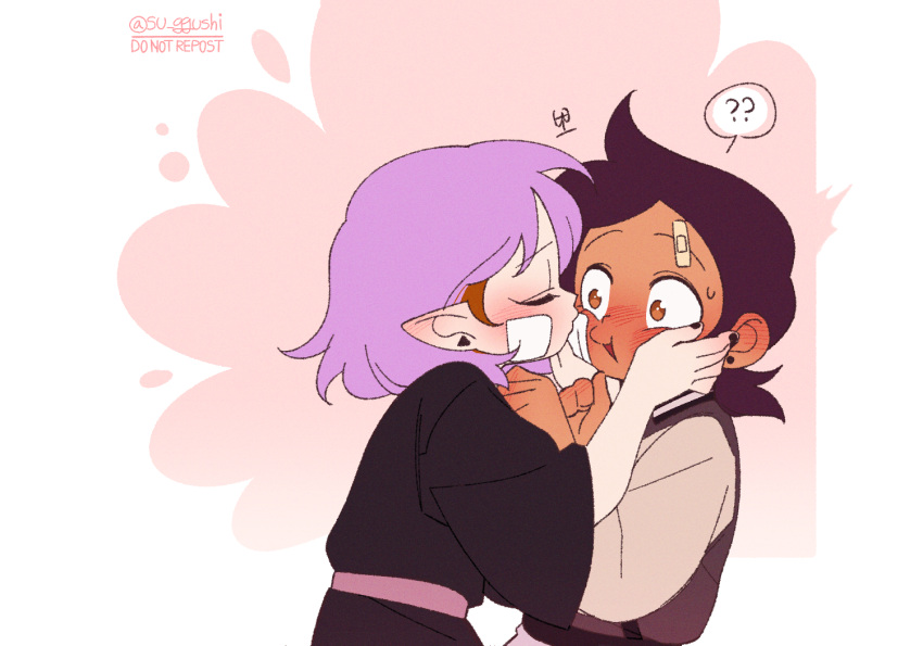 2girls ? ?? amity_blight bandage_on_face bandages bandaid bandaid_on_face bandaid_on_forehead blush brown_eyes closed_eyes commentary_request dark-skinned_female dark_skin kiss kissing_cheek luz_noceda multiple_girls pointy_ears purple_hair short_hair su_ggushi the_owl_house twitter_username yuri