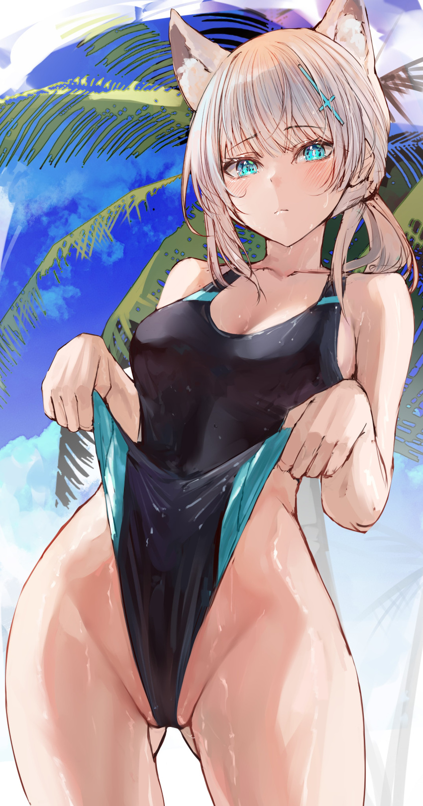 1girl absurdres animal_ear_fluff animal_ears black_swimsuit blue_archive blue_eyes blue_swimsuit blush breasts closed_mouth clothes_pull collarbone competition_swimsuit cowboy_shot cross_hair_ornament grey_hair hair_ornament highres looking_at_viewer medium_breasts naokomama one-piece_swimsuit shiroko_(blue_archive) shiroko_(swimsuit)_(blue_archive) solo swimsuit swimsuit_pull two-tone_swimsuit wet