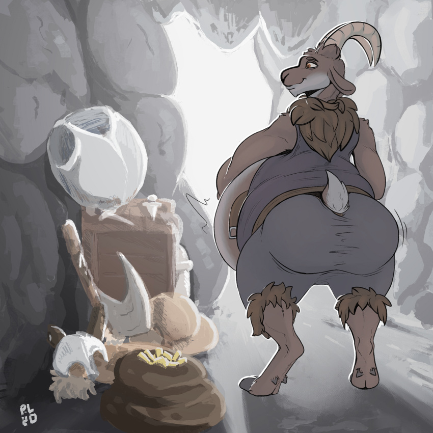 after_vore anthro axe bag battle_axe belly_overhang big_butt bone bottomwear bovid brown_body brown_eyes brown_fur butt caprine cave clothing colored dagger detailed fur goat gold_(metal) grey_body grey_fur head_tuft hi_res hind_legs hooved_toes horn inside light long_horn looking_aside male mammal melee_weapon morning obese obese_anthro obese_male overweight overweight_anthro overweight_male pants raised_tail sandow shaded skull sleeveless_topwear smile solo solo_focus sunlight thick_thighs treasure tuft vore weapon weight_gain