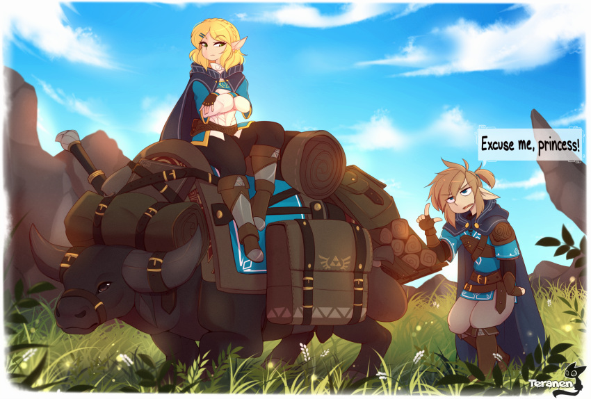 1boy 1girl animal annoyed arm_at_side armor artist_name bag bangs belt black_legwear blonde_hair blue_cape blue_eyes blue_jacket blue_sky boots border braid brown_eyes brown_footwear brown_gloves brown_hair bull cape closed_mouth cloud commentary crossed_arms crown_braid day earrings english_commentary english_text excuse_me_princess_(meme) exhausted fingerless_gloves flower full_body gloves grass green_eyes grey_pants hair_ornament hair_tie hairclip half-closed_eyes hand_up highres index_finger_raised jacket jewelry jitome knee_boots layered_sleeves leggings link log long_sleeves looking_at_another looking_to_the_side meme multiple_earrings open_mouth outdoors pants parted_bangs pointy_ears ponytail pouch princess_zelda riding saddle shiny shiny_hair shirt short_hair short_over_long_sleeves short_sleeves shoulder_armor sidelocks sidesaddle sitting sky speech_bubble standing talking teranen the_legend_of_zelda the_legend_of_zelda:_breath_of_the_wild the_legend_of_zelda:_breath_of_the_wild_2 triforce v-shaped_eyebrows walking watermark white_border white_flower white_shirt