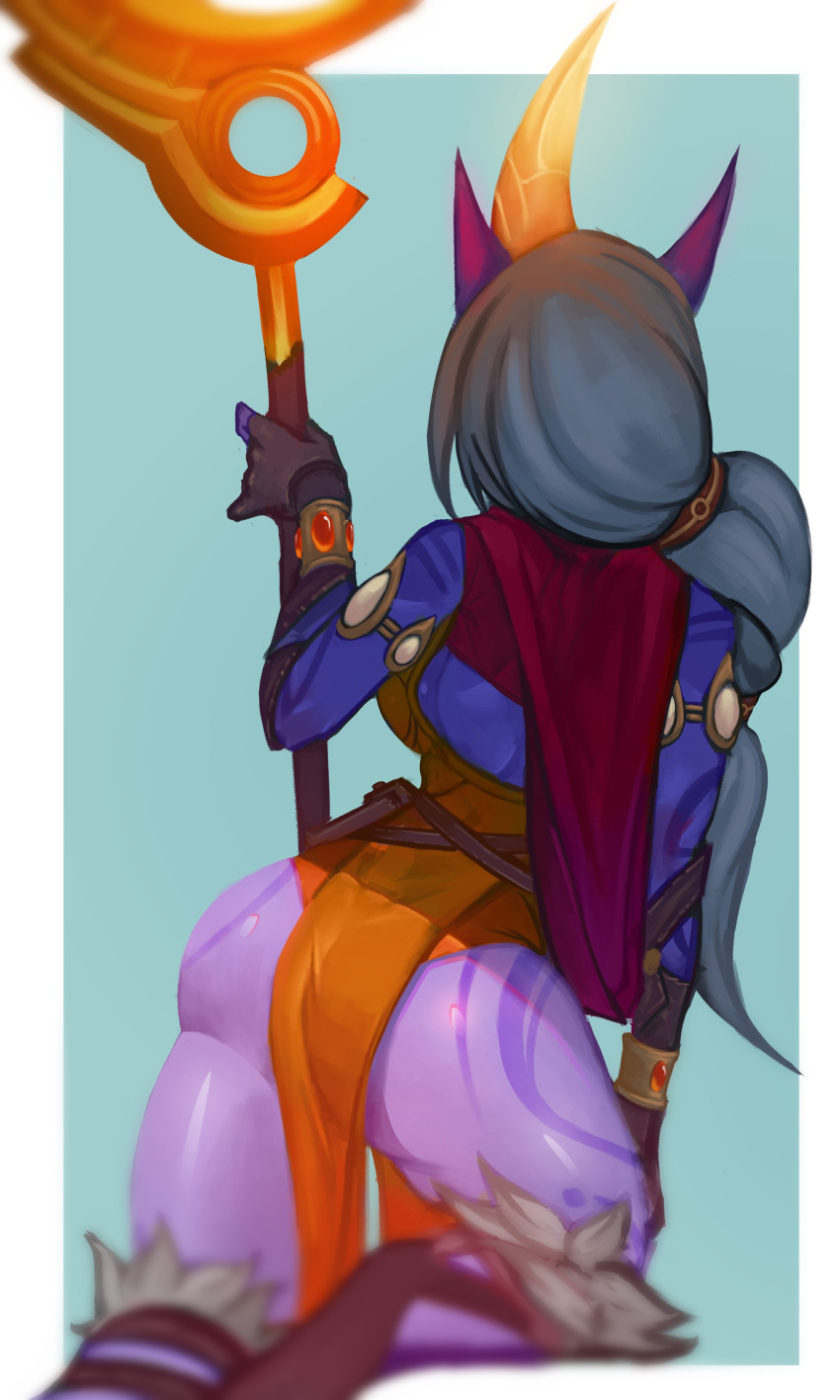 absurd_res bare_legs butt clothed clothed_female clothing dress female glowing glowing_horn hair hi_res hironsfw horn horned_humanoid humanoid humanoid_pointy_ears kneeling league_of_legends long_hair on_one_leg ponytail purple_body purple_skin rear_view riot_games solo soraka staff standing tattoo video_games weapon white_hair wide_hips