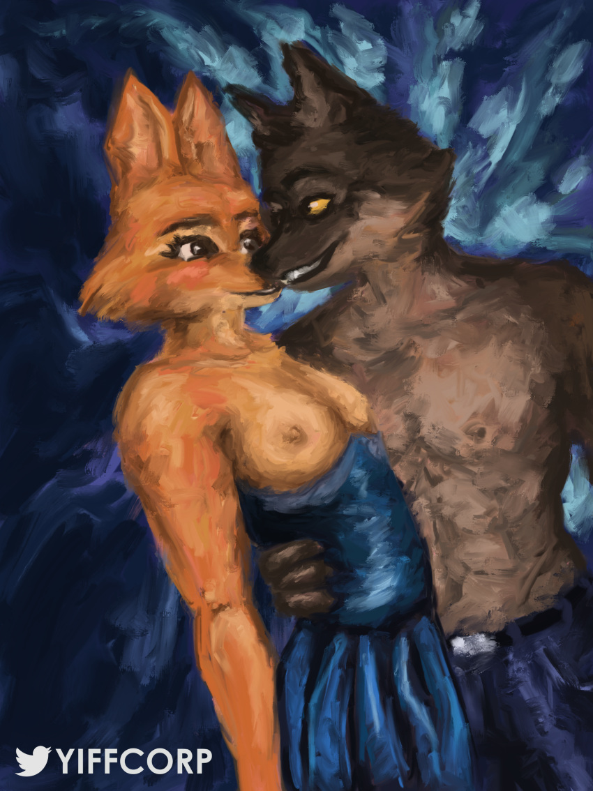 abs absurd_res anthro blue_background breasts canid canine canis clothed clothing dancing diane_foxington digital_media_(artwork) digital_painting_(artwork) dreamworks dress duo exposed_breasts female fox fur half-length_portrait hi_res male male/female mammal mr._wolf_(the_bad_guys) oil_painting_(artwork) orange_body orange_fur painting_(artwork) partially_clothed portrait red_fox simple_background the_bad_guys traditional_media_(artwork) wolf yiffcorp