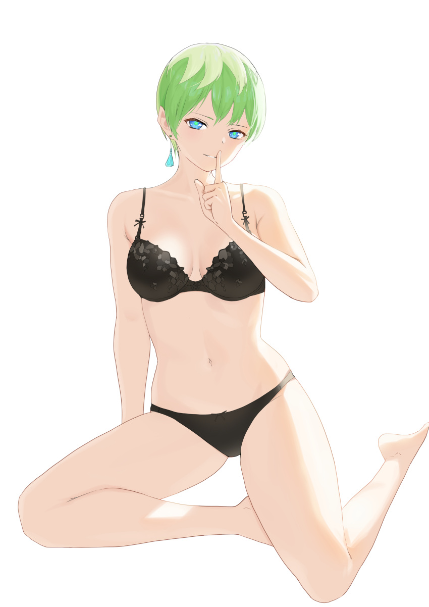 1girl absurdres arm_behind_back bangs bare_shoulders black_bra black_panties blue_eyes bra breasts closed_mouth collarbone copper earrings finger_to_mouth full_body green_hair highres izumo_tenka jewelry looking_at_viewer mato_seihei_no_slave medium_breasts navel panties short_hair shushing sitting smile solo stomach underwear white_background