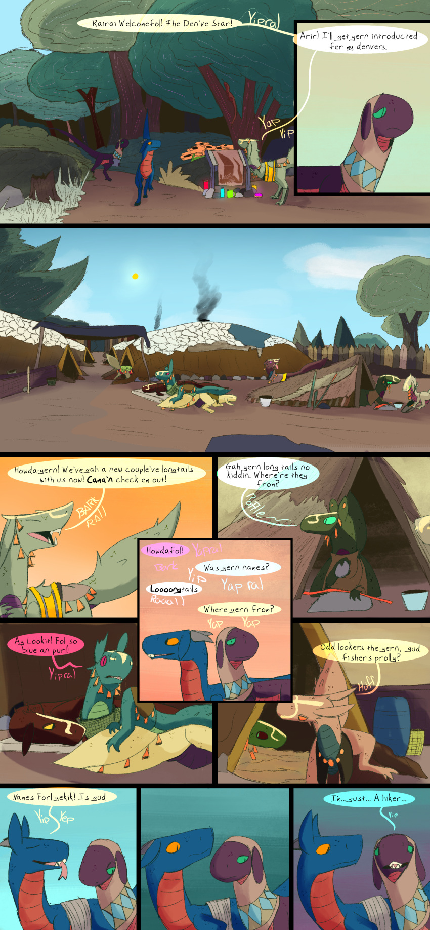 absurd_res comic croud desert dinosaur dragon dragonscape drekir dromaeosaurid female feral forl_(thepatchedragon) group hi_res male oli_(thepatchedragon) post-apocalyptic ralan_(thepatchedragon) reptile ruins scalie text thepatchedragon theropod tribal tribal_clothing village
