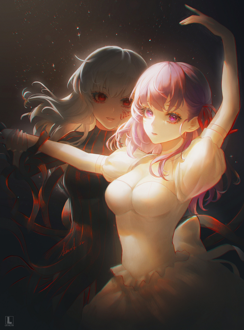 2girls absurdres black_background black_dress breasts cleavage closed_mouth dancing dark_persona dress elbow_gloves facial_mark fate/stay_night fate_(series) gloves hair_ribbon highres level02 long_hair matou_sakura medium_breasts multiple_girls parted_lips purple_eyes purple_hair red_eyes red_ribbon ribbon standing white_dress white_gloves