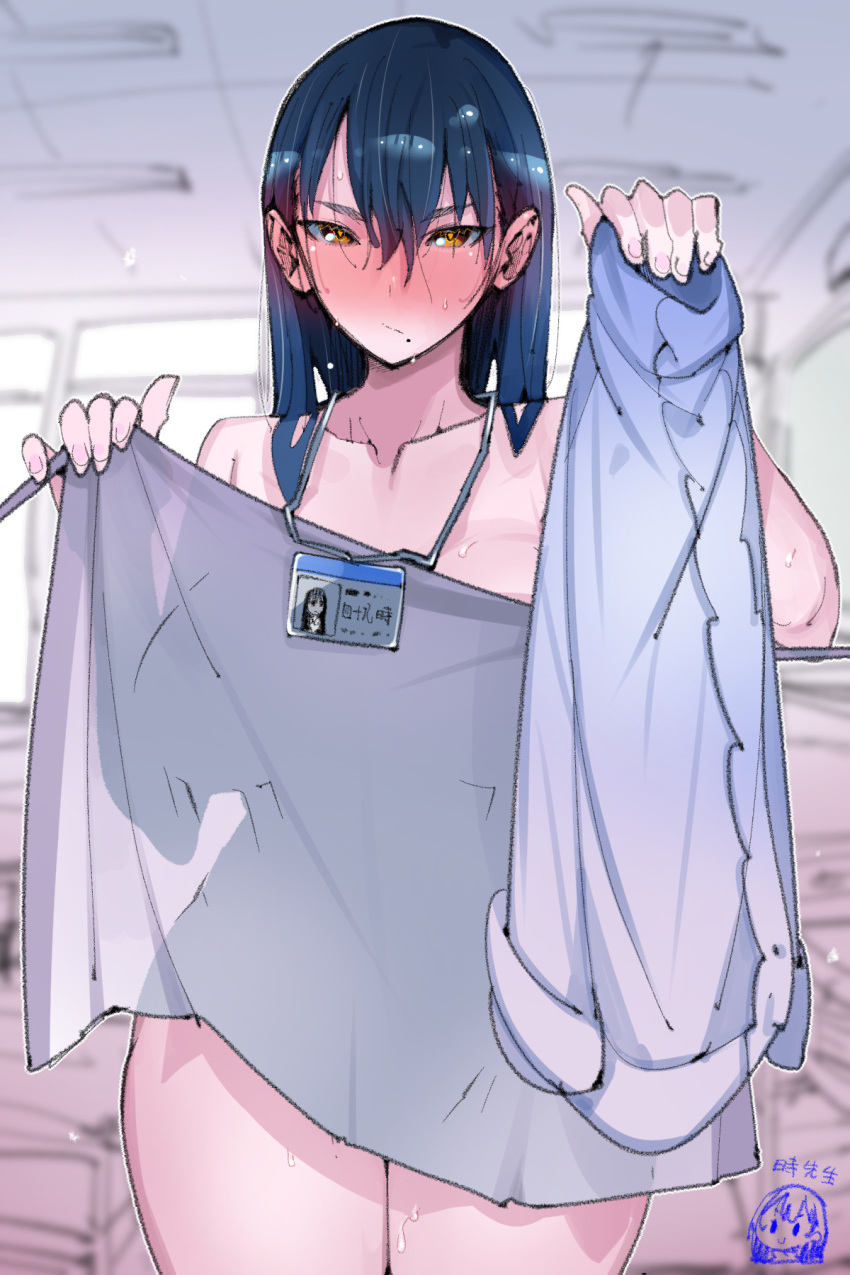 1girl blue_hair blurry blurry_background blush ceiling_light classroom closed_mouth clothes_removed collarbone commentary_request copyright_request cowboy_shot ear_blush frown hair_over_eyes hair_strand hands_up heart heart-shaped_pupils highres holding holding_clothes holding_sweater holding_towel hug id_card indoors lanyard looking_at_viewer mole mole_under_mouth nose_blush nude orange_eyes see-through_silhouette solo sweater sweater_removed symbol-shaped_pupils takayama_toshinori towel turtleneck turtleneck_sweater wet wet_hair