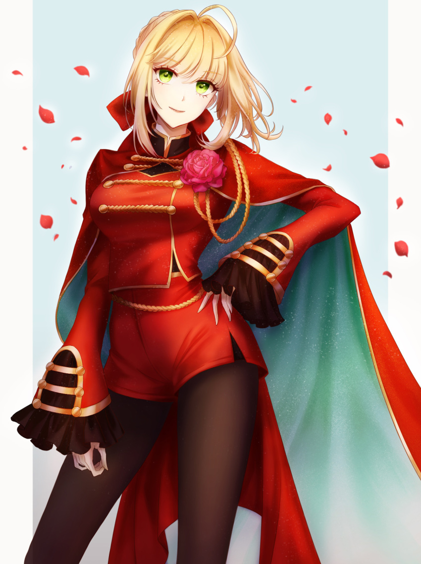 1girl ahoge black_legwear blonde_hair blue_background bow cape closed_mouth contrapposto fate/extra fate_(series) green_eyes hair_bow hair_intakes hand_on_hip highres legwear_under_shorts long_hair looking_at_viewer nero_claudius_(fate) pantyhose petals red_bow red_cape red_shorts sapphirez39 short_shorts shorts side_slit side_slit_shorts sleeves_past_wrists smile solo standing