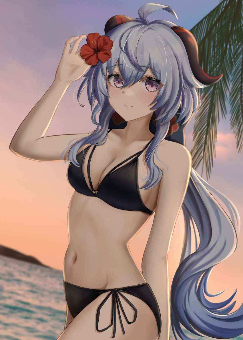 1girl absurdres ahoge aimi_(tikichin0229) bangs bare_arms bare_shoulders bikini black_bikini blue_hair blush breasts cleavage collarbone commentary_request cowboy_shot ganyu_(genshin_impact) genshin_impact groin hair_between_eyes hand_up highres horns long_hair looking_at_viewer medium_breasts navel outdoors partial_commentary pink_eyes side-tie_bikini smile solo standing stomach swimsuit very_long_hair