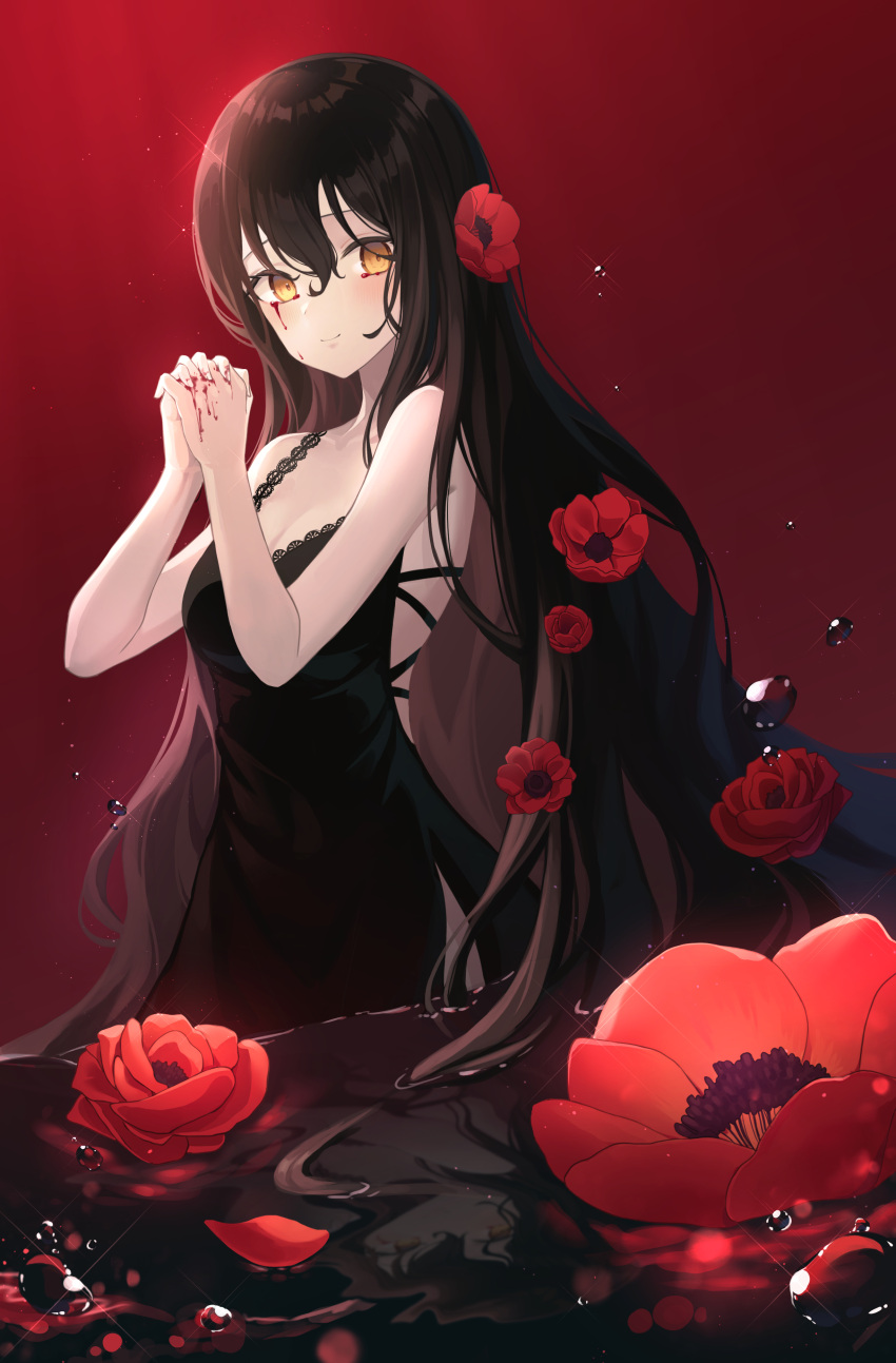 1girl absurdres bare_arms black_dress black_hair blood blood_from_eyes breasts cleavage closed_mouth collarbone dress flower hair_flower hair_ornament highres long_hair looking_at_viewer medium_breasts original own_hands_clasped own_hands_together red_background red_flower sitting sleeveless sleeveless_dress smile solo ssalgolae very_long_hair yellow_eyes