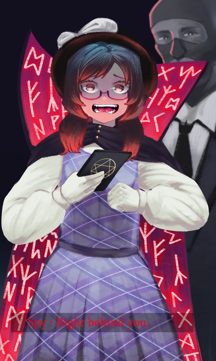 1boy 1girl @_@ absurdres balaclava behind_another bow bright_pupils brown_hair buttons cape cloak clothes_writing collared_shirt english_text expressionless eyelashes formal furrowed_brow glasses hat hat_bow high_collar highres holding kelbhin long_sleeves looking_at_another low_twintails mask necktie no_pupils open_mouth pentagram plaid plaid_skirt plaid_vest puffy_long_sleeves puffy_sleeves purple_vest runes scared semi-rimless_eyewear shirt short_hair skirt skirt_set standing suit team_fortress_2 teeth the_spy tongue touhou twintails under-rim_eyewear usami_sumireko vest white_bow white_pupils