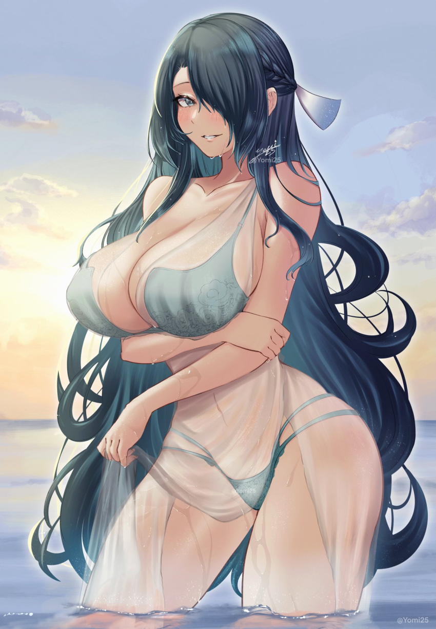 1girl akano_yomi aqua_bikini aqua_bra aqua_panties aqua_swimsuit azuma_fubuki bangs bare_shoulders bikini black_hair blue_eyes blue_sky blush bra braid breasts cleavage collarbone crossed_arms eyes_visible_through_hair hair_between_eyes hair_over_one_eye highres large_breasts long_hair looking_at_viewer mato_seihei_no_slave navel ocean on_water open_mouth panties parted_lips side_braid sky smile solo standing swimsuit underwear very_long_hair wet