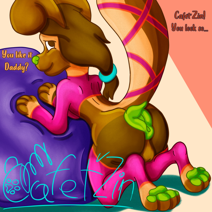 absurd_res anthro balls big_butt brown_body brown_fur brown_hair butt cafet'zin cafet'zin_(artist) canid canine canis clothing digitigrade domestic_dog fur genitals girly green_nose green_paws hair hi_res imminent_incest in_heat intersex latex latex_stockings latex_topwear legwear long_hair mammal offscreen_character presenting pseudo_pussy raised_tail rubber rubber_clothing signature simple_background solo stockings tan_body tan_fur teenager tight_clothing unusual_anatomy young