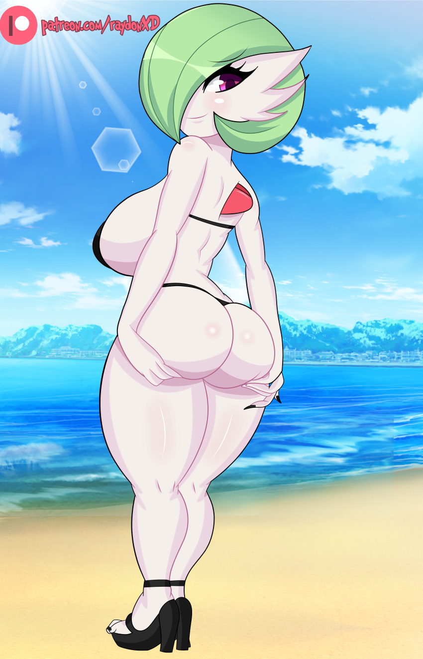 absurd_res beach big_breasts bikini bikini_thong breasts butt clothing female gardevoir green_hair hair hi_res holding_butt nintendo not_furry pok&eacute;mon pok&eacute;mon_(species) raydonxd seaside solo swimwear video_games