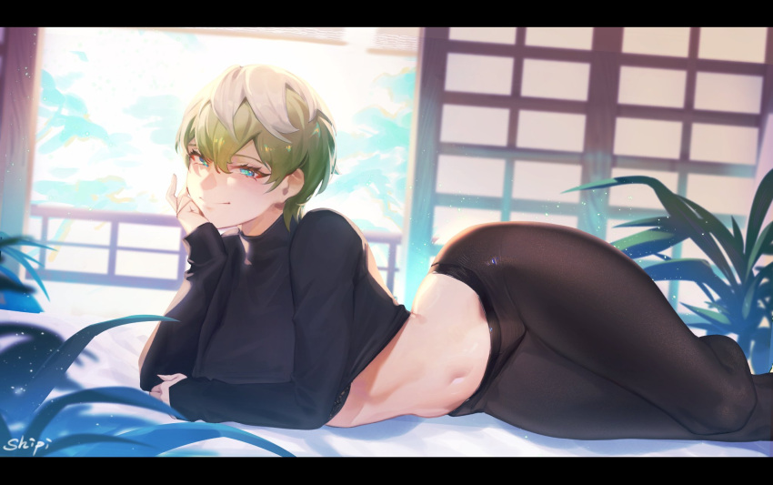 1girl artist_name bangs black_bra black_legwear black_sweater blue_eyes bra breasts closed_mouth clothes_lift crossed_arms feet_out_of_frame green_hair hand_on_own_chin highres izumo_tenka long_sleeves looking_at_viewer lying mato_seihei_no_slave navel on_side pantyhose scenery short_hair smile snakeping solo stomach sweater sweater_lift turtleneck underwear