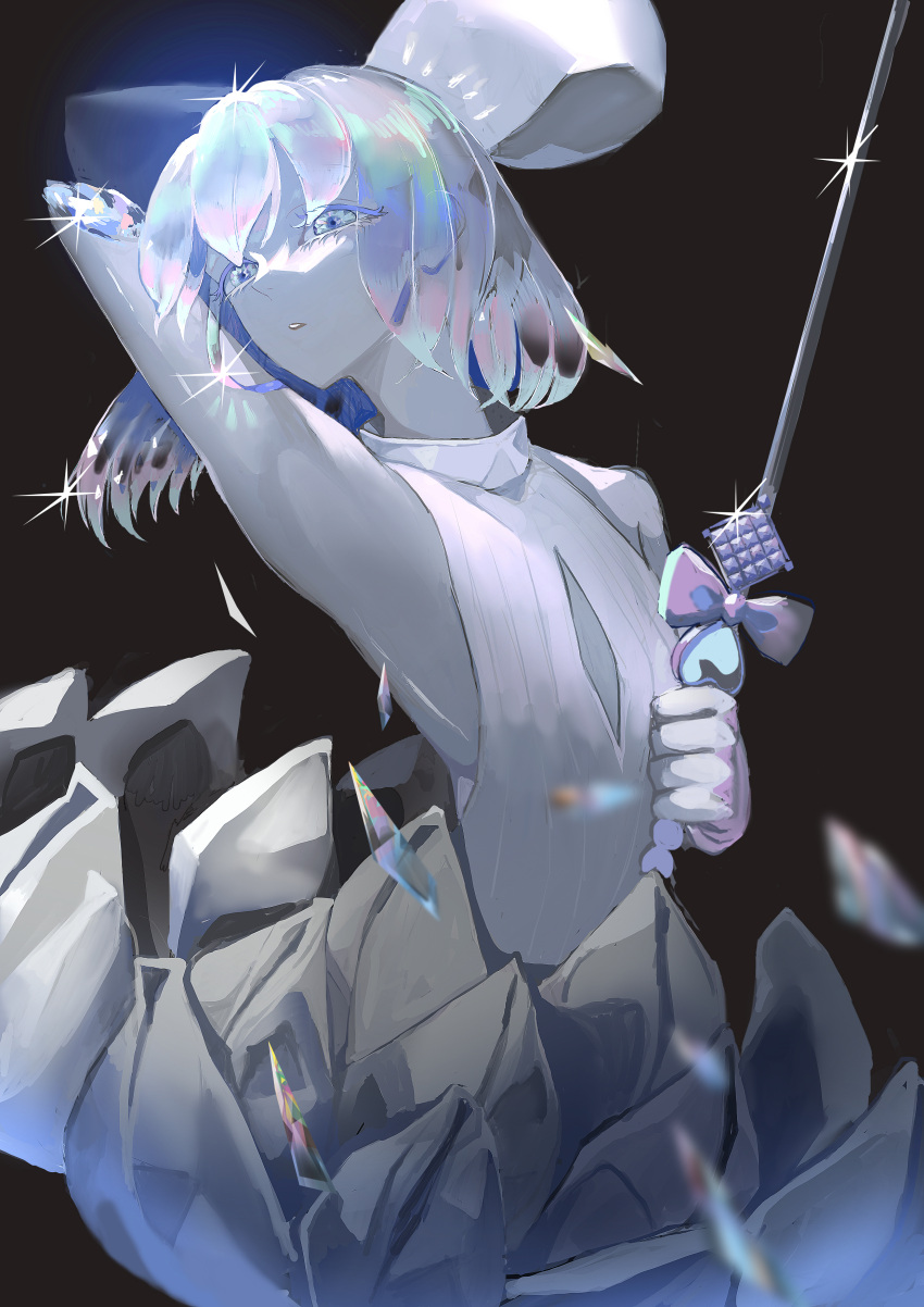 1other absurdres amputee androgynous arm_up bangs bare_shoulders bob_cut bow chomandsugarbunny cleavage_cutout clothing_cutout cowboy_shot crystal crystal_hair detached_sleeves diamond_(gemstone) diamond_(houseki_no_kuni) dress glint hair_bow highres holding holding_sword holding_weapon houseki_no_kuni looking_at_viewer looking_to_the_side multicolored_hair other_focus shards short_hair simple_background sleeveless sleeveless_dress solo sparkle sword two-tone_bow weapon white_dress