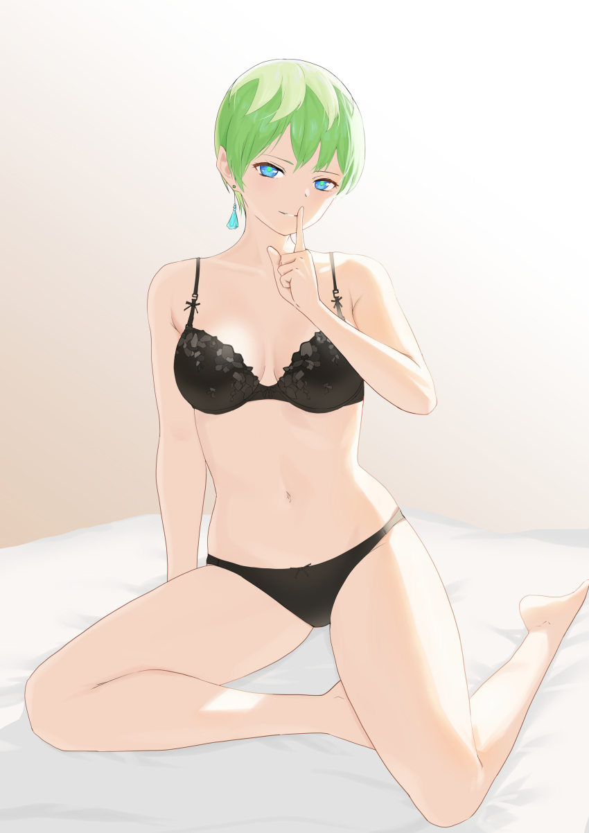 1girl absurdres arm_behind_back bangs bare_shoulders bed black_bra black_panties blue_eyes bra breasts closed_mouth collarbone copper earrings finger_to_mouth full_body green_hair highres izumo_tenka jewelry looking_at_viewer mato_seihei_no_slave medium_breasts navel panties short_hair shushing simple_background sitting smile solo stomach underwear