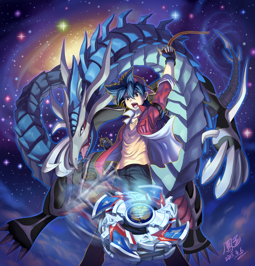 1boy bakuten_shoot_beyblade bangs beyblade beyblade_(object) black_hair blue_hair claws commentary dragon dragon_tail dragoon_(beyblade_beast) dragoon_gt fangs fingerless_gloves galaxy gloves green_eyes hat highres ho-oh_(artist) jacket kinomiya_takao male_focus monster pants short_hair signature space spiked_hair spinning_top star_(sky) tail