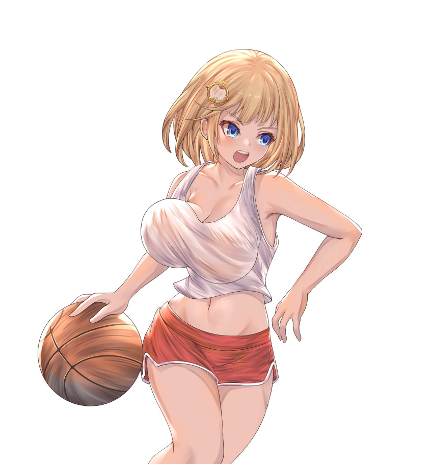 absurdres ball basketball basketball_uniform blonde_hair blue_eyes bouncing_breasts breasts highres hololive honkivampy large_breasts navel open_mouth short_hair simple_background sportswear virtual_youtuber watson_amelia white_background