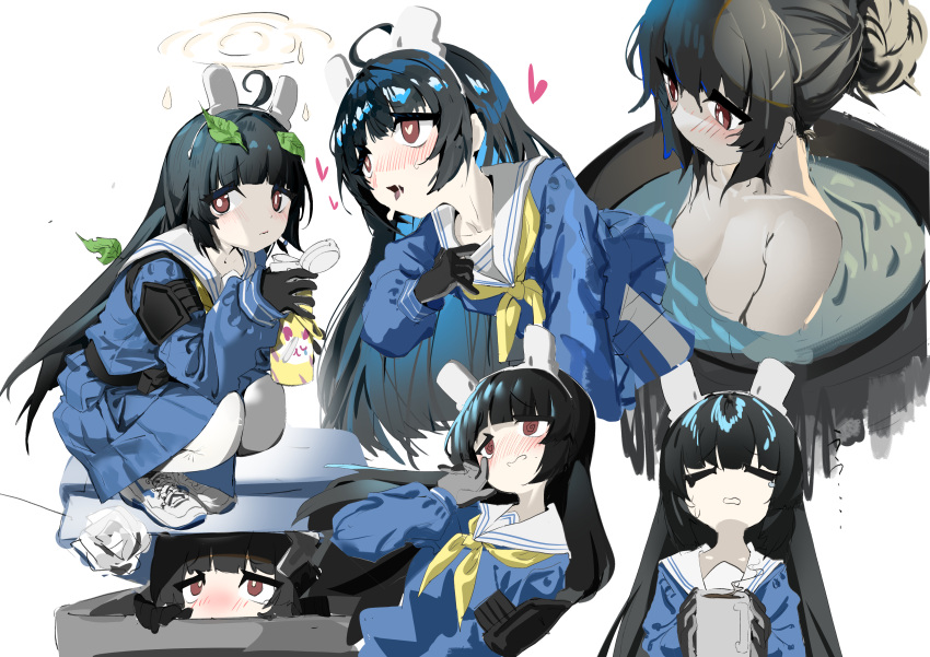 1girl :&lt; @_@ absurdres animal_ears armband belt belt_pouch black_gloves black_hair blue_archive blue_hair blue_skirt blush closed_eyes closed_mouth cup dripping eyes_visible_through_hair fake_animal_ears gloves gradient gradient_hair grey_gloves hair_bun halo heart highres holding holding_cup leaf leaf_on_head long_hair mitsuki3s_kir miyu_(blue_archive) mug multicolored_clothes multicolored_gloves multicolored_hair multiple_views neckerchief open_mouth partially_submerged pink_pupils pouch red_eyes saliva saliva_trail shiny shoes simple_background sketch skirt sneakers tearing_up tongue tongue_out trash trash_can two-tone_gloves two-tone_hair water white_background white_footwear white_legwear yellow_neckerchief