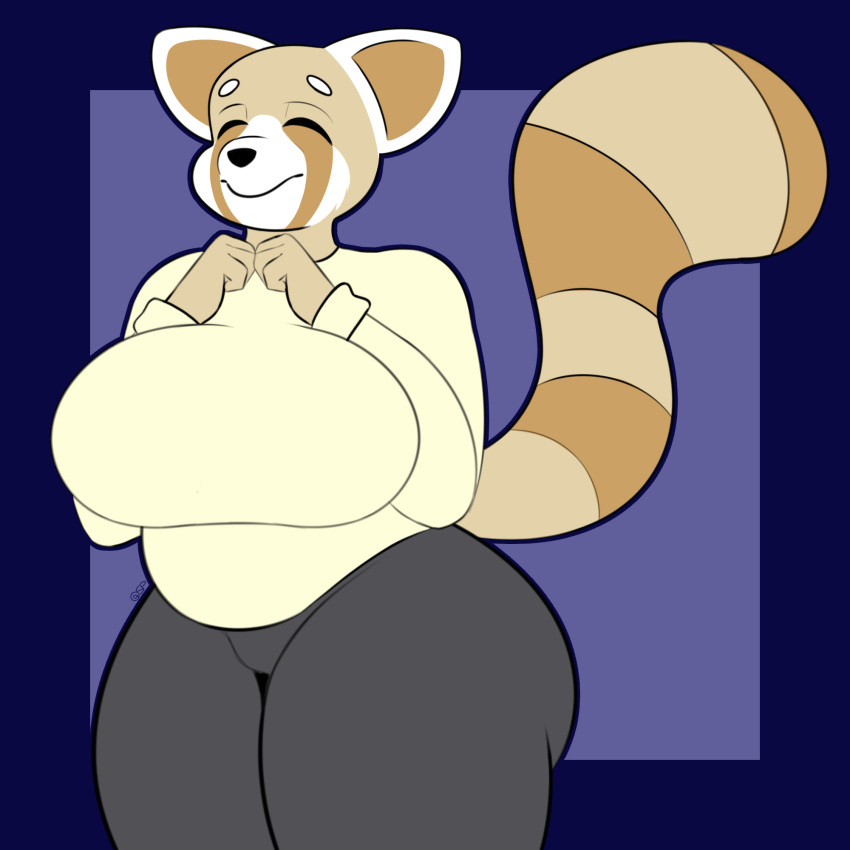 aggressive_retsuko ailurid anthro big_breasts breasts clothing female hi_res male mammal overweight red_panda retsuko's_mother sanrio short_stack sleepingpowder smile solo sweater thick_thighs topwear wide_hips