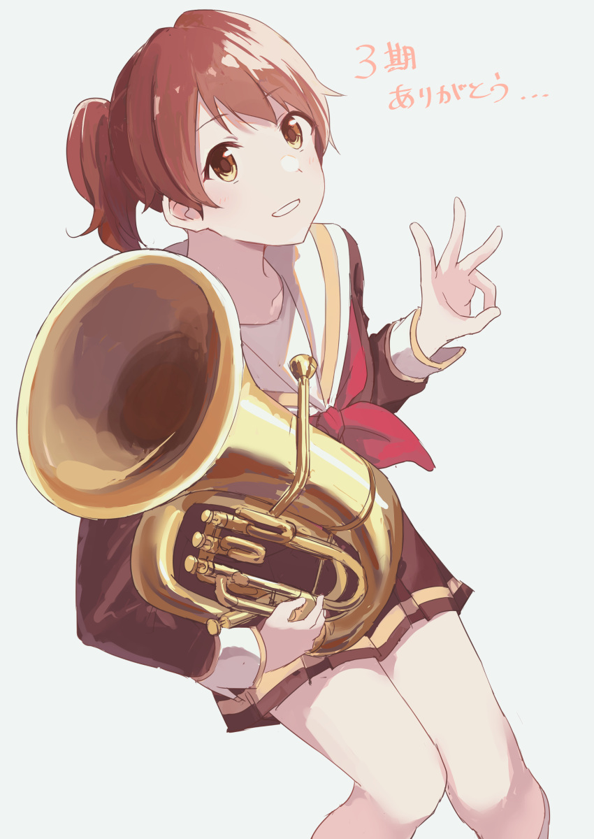 absurdres bangs blush brown_eyes brown_hair brown_shirt brown_skirt euphonium hand_up hibike!_euphonium highres holding holding_instrument instrument kitauji_high_school_uniform long_sleeves looking_at_viewer matarasu_(aaaaaaaaj) neckerchief oumae_kumiko parted_lips pleated_skirt ponytail red_neckerchief sailor_collar school_uniform serafuku shirt short_hair simple_background sitting skirt smile white_background white_sailor_collar