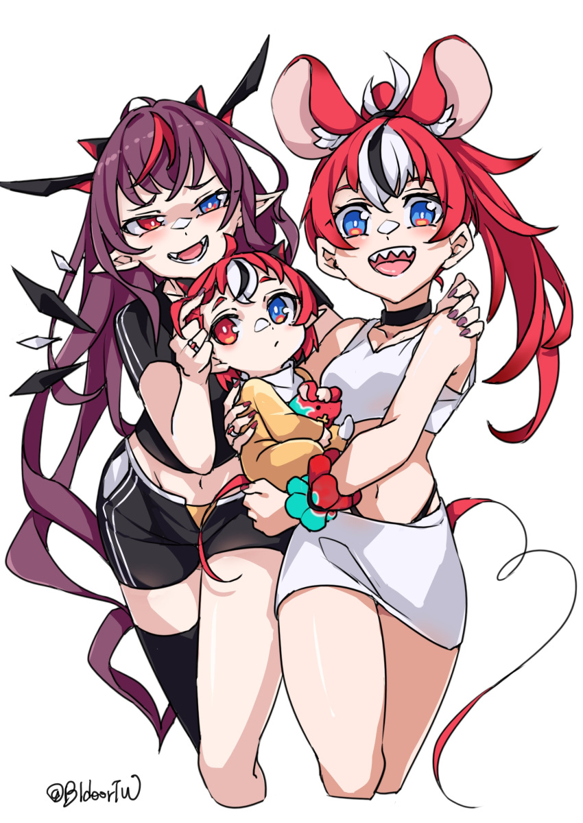 3girls absurdres animal_ears baby bare_legs bare_shoulders bidortw blouse choker couple crystal demon_girl demon_horns detached_wings hakos_baelz heterochromia highres hololive hololive_english horns if_they_mated irys_(hololive) jewelry long_hair looking_at_viewer mini_wings miniskirt mouse_ears mouse_girl mouse_tail multicolored_hair multiple_girls multiple_horns nail_polish navel open_mouth ponytail ring sharp_teeth shirt shorts signature simple_background single_thighhigh skirt tail teeth thighhighs thighs very_long_hair white_background wife_and_wife wings yuri