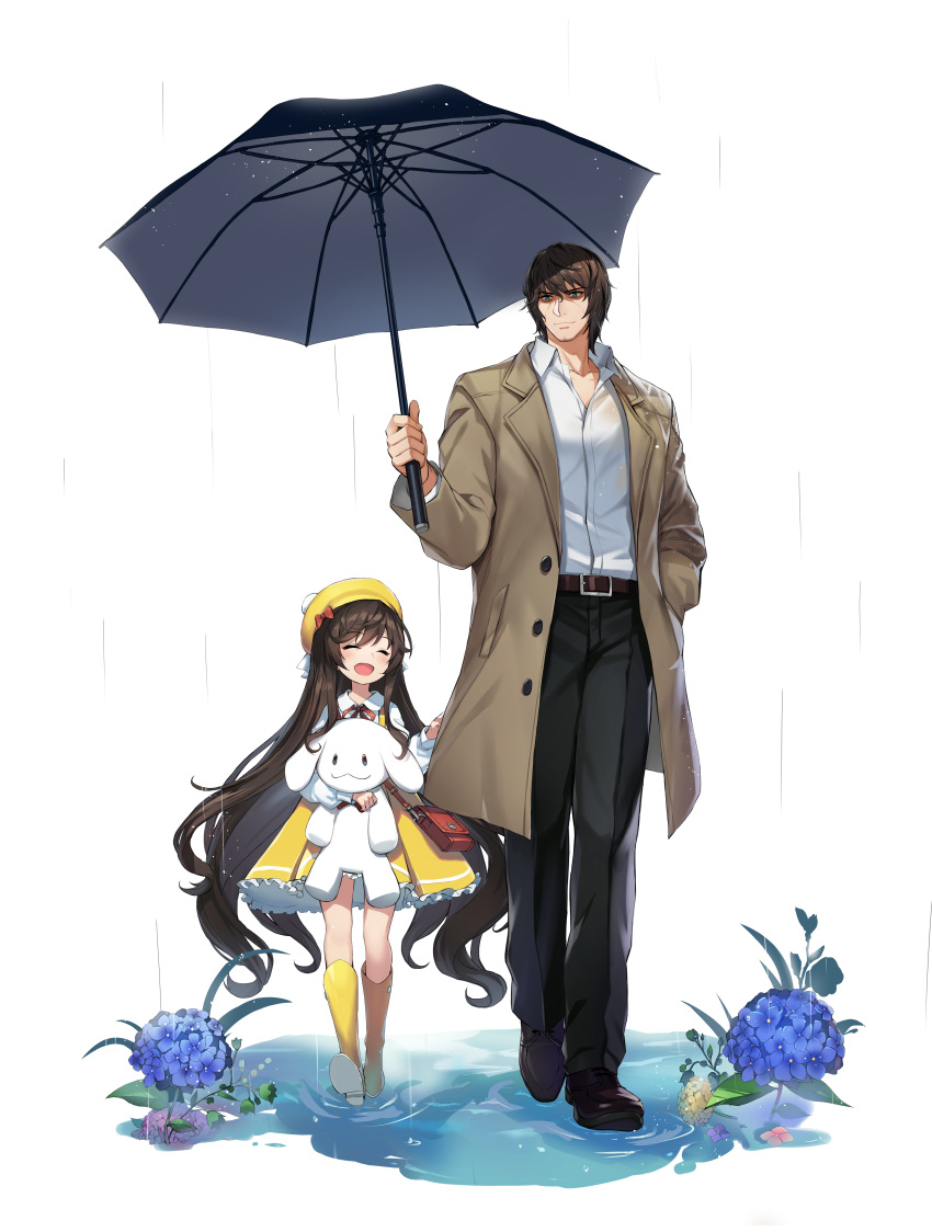 1boy 1girl absurdres aqua_eyes belt black_footwear black_pants blue_flower boots bow brown_coat brown_hair character_request closed_eyes coat counter:side dress eddie_fisher flower frilled_dress frills hat hat_bow highres holding holding_toy holding_umbrella hydrangea long_hair long_sleeves neck_ribbon official_alternate_costume official_art oxfords pants pinafore_dress rain rain_boots red_bow red_ribbon ribbon sailor_hat shirt sleeveless sleeveless_dress stuffed_toy tachi-e toy transparent_background umbrella very_long_hair walking walking_on_liquid water wet wet_clothes white_shirt yellow_dress yellow_footwear yellow_headwear