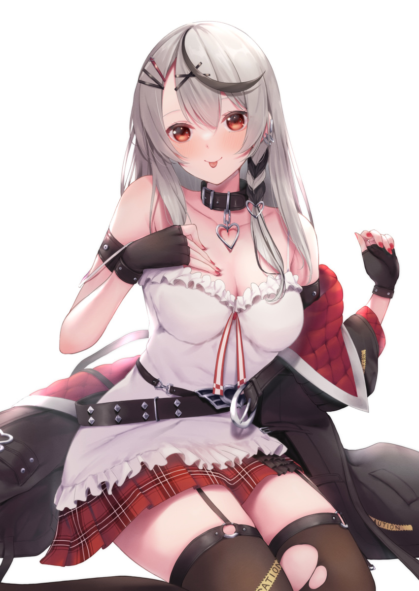 1girl bare_shoulders belt black_belt black_collar black_gloves black_jacket black_legwear breasts camisole cleavage collar collarbone fingerless_gloves garter_straps gloves grey_hair heart highres hololive ichi-go jacket large_breasts long_hair miniskirt multicolored_hair off_shoulder plaid plaid_skirt red_eyes red_nails red_skirt sakamata_chloe sitting skirt solo thighhighs tongue tongue_out torn_clothes torn_legwear two-tone_hair virtual_youtuber white_background white_camisole