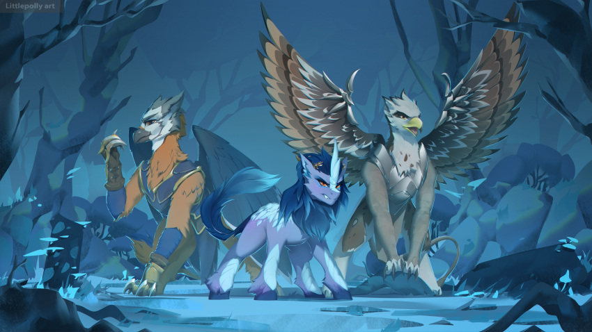 absurd_res ambiguous_gender armor asian_mythology avian beak black_beak blue_body blue_fur blue_mane blue_tail brown_body brown_feathers chinese_mythology claws east_asian_mythology fan_character feathered_wings feathers feral forest fur grey_body grey_feathers group gryphon hasbro hi_res horn kirin littlepolly long_tail makari_(oc) mane my_little_pony mythological_avian mythology open_mouth ospreay_(oc) plant smile spread_wings tree trio tundra_(oc) white_body white_feathers wings yellow_beak