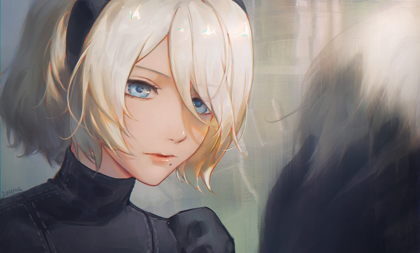 1boy 1girl bangs black_dress black_gloves black_hairband blue_eyes commentary dress english_commentary gloves hairband hand_on_another's_head highres mole mole_under_mouth nier_(series) nier_automata no_blindfold short_hair solo_focus upper_body white_hair yorha_no._2_type_b yorha_no._9_type_s zieru